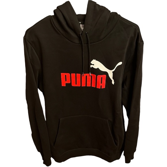 Puma Hoodie MD Mens Puma Sweatshirt Fleece Black w/ RED & WHITE Big Logo NEW NWT - Picture 1 of 14